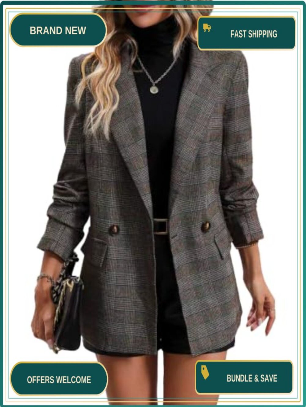 Women's Plaid Blazer Double Breasted Houndstooth Business Casual